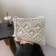 Women Crochet Shoulder Bag, Knitting Handmade Weaving Handbag, Simple Hollow Beach Bag,White