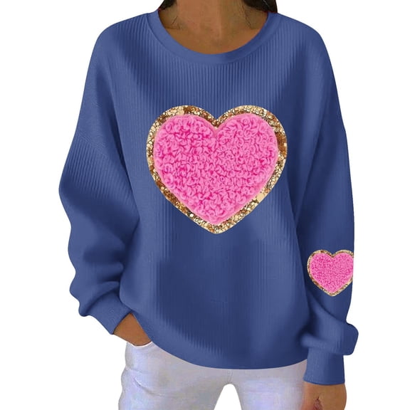 Hxlamzoo Womens Valentines Sweatshirt Love Heart Printed Graphic Ribbed Crewneck Pullover Casual Long Sleeve Tops