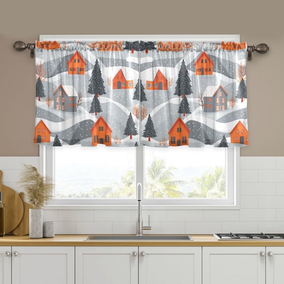 Yayeee Kitchen Curtains Tier Set of 2 Light Filtering 57"x24" Over Sink Window Panels, Gray Snow Houses