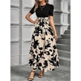 thumbnail image 5 of Women's Summer Short Sleeve Color Block Maxi Dress, Print Belted A-Line Casual Daily Vacation Dress, 5 of 11