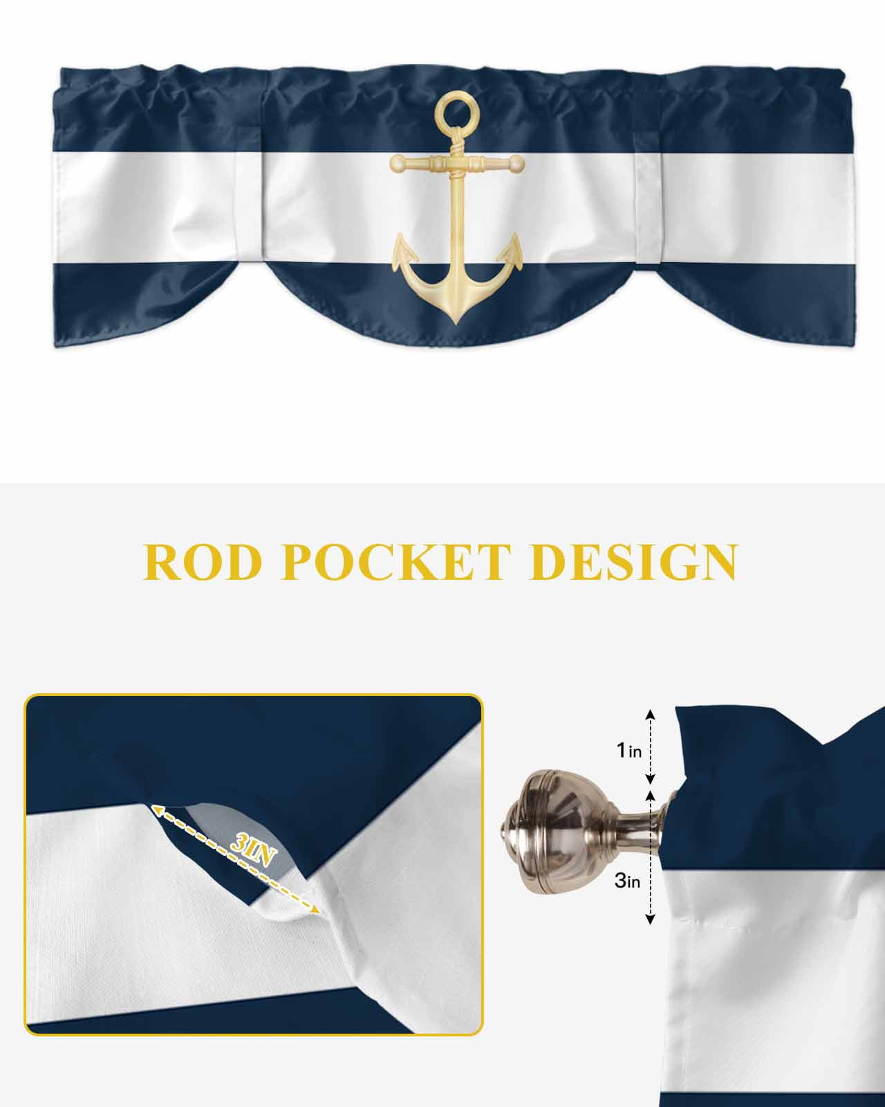 Navy Blue Tie Up Valances Curtain, Stripe Gold Anchor Pattern Kitchen Valances for Windows Decor, Rod Pocket Short Curtains Set for Bedroom/Bathroom, 54"x18"