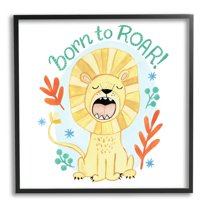 Stupell Industries Born To Roar Saying Yellow Lion Simple Botanicals Paintings Black Framed Art Print Wall Art, 12x12, by Heather Strianese