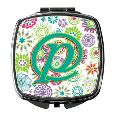 Letter P Flowers Pink Teal Green Initial Compact Mirror CJ2011-PSCM