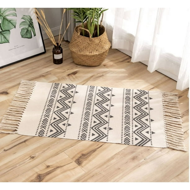 Xiao Hua Alfombra de baño bohemia, estilo bohemio, para cocina, con borlas, de algodón, lavable, para decoración de dormitorio, baño, entrada, pasillo, interior, hogar, 58 x 89 cm (09)
