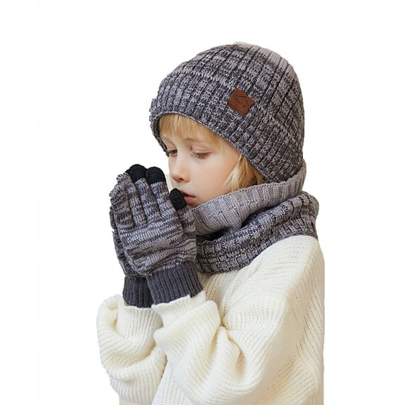 TELOLY Neck Gloves Three Piece Set,Winter Waterproof Hat,Warm Knitted Woolen Hat,Grey
