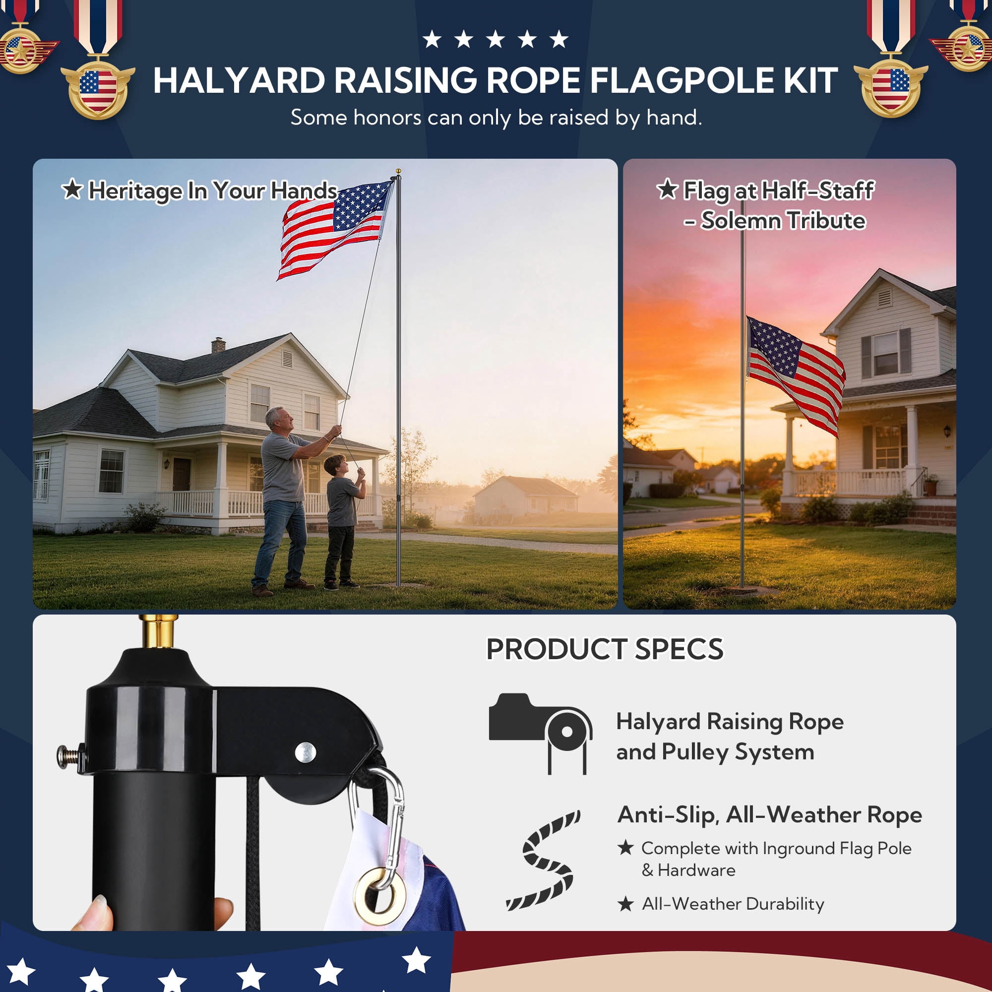 Yescom Bravery 30ft 13 Gauge Sectional Flag Pole Kit Aluminum for Outside House Inground Yard Garden Residential