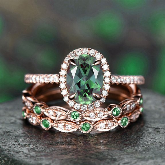 YYKihy 3pcs Vintage Unique Oval Cut Engagement Ring Rose Gold Ring Art Deco Bridal Wedding Ring For Women
