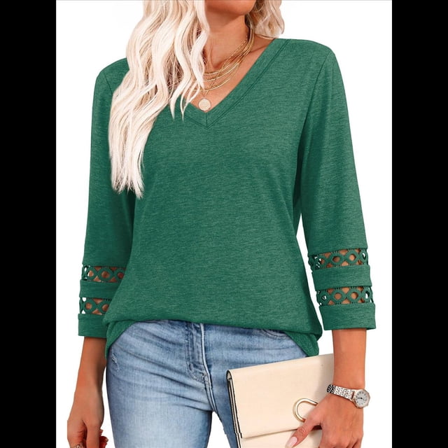 Blusas Elegantes e Informales de 3/4 para Mujer, Camisetas de Cuello en V A , Ropa de Verano 2025. Verde Oscuro M