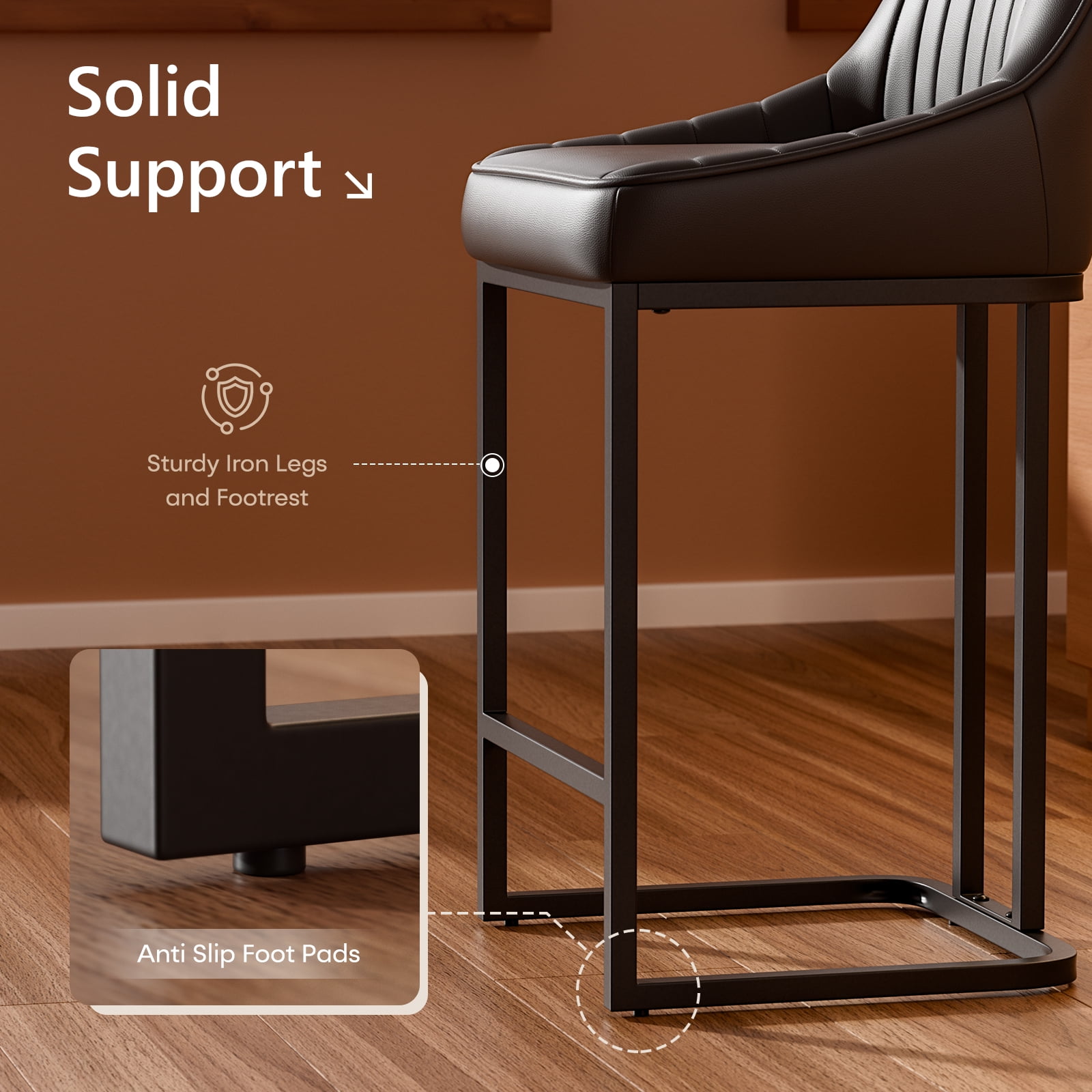 iooHug Set of 4 Modern Bar Stools with Metal Legs and Footrest, 24” Upholstered Counter Height Chairs, PU Leather Bar Chairs for Kitchen Island, Black