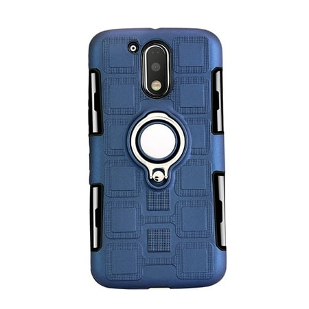 Phone Cover Running Sports Three-in-one with Back Clip 360 Degree Ring Car Magnetic Heavy Duty Shockproof TPU and Hard PC Solid Three-layer Phone Shell for Moto G4 Plus (Dark Blue)
