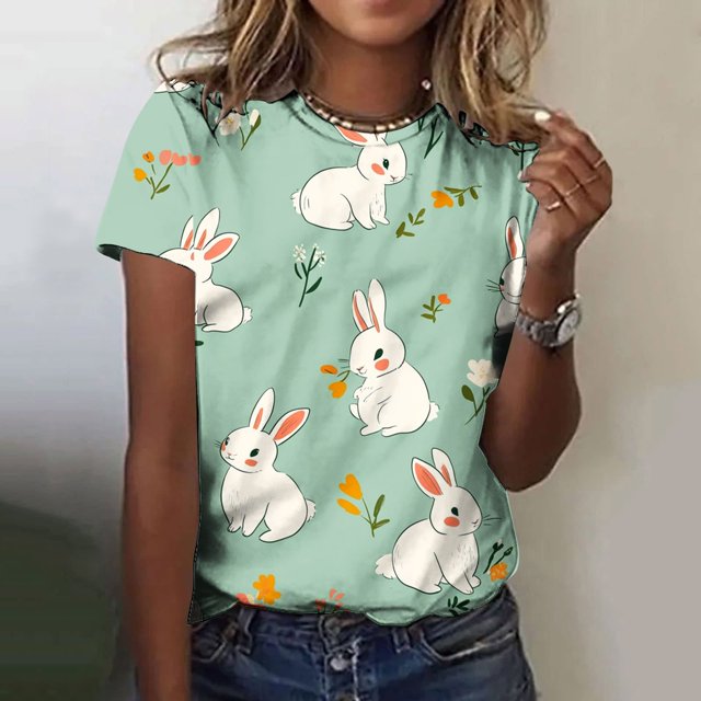 Ounisa T-Shirts à Manches Courtes pour Femmes Col Rond Lapin de Pâques Imprimé Mélange de Coton Coupe Ample 2026 Printemps Été Vacances Décontracté Confortable Tendance Grande Taille T-Shirts P-2TG