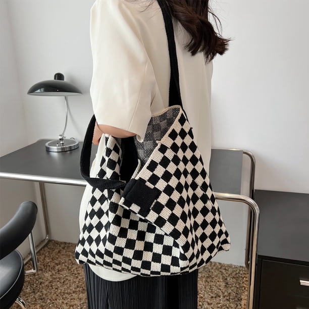Bolso de ganchillo de tablero de ajedrez para mujer, bolso de mano tejido de gran capacidad, regalos para niñas