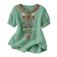 thumbnail image 2 of Favoffer Women's Washed Crinkle Linen Blend Shirt Boho Embroidered Tunic Short Sleeve V Neck Loose Fit Peasant Top Elegant Daily Summer Beach Holiday Blouse, 2 of 6