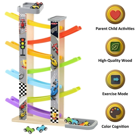 Petyoung Wooden Race Track Car Ramp Toy,Montessori Toy for 3  Years,Car Ramp Set with 7 Mini Cars, 7 Ramps, Parking Lots,Educational Gift for Kids