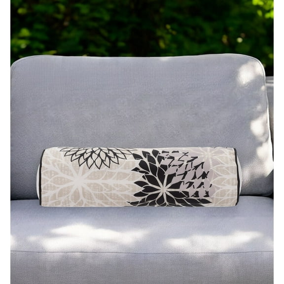 6" X 20" Black Gray and White Bolster Floral Indoor Outdoor Throw Pillow
