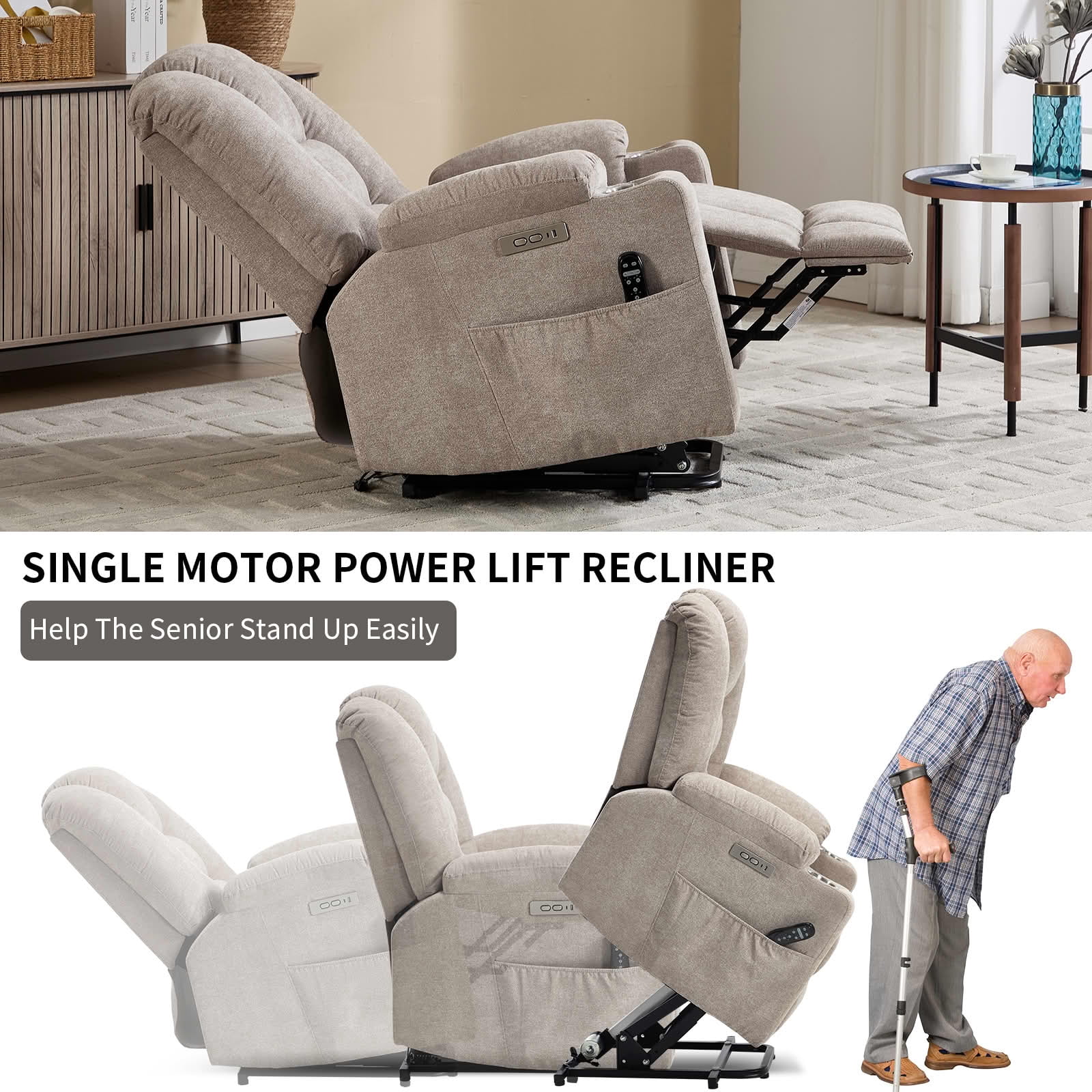 MAYEERTY Khaki Chenille 350lbs Power Lift Recliner, Massage Heat USB-C 34"x39"x42" Wide Overstuffed for Elderly