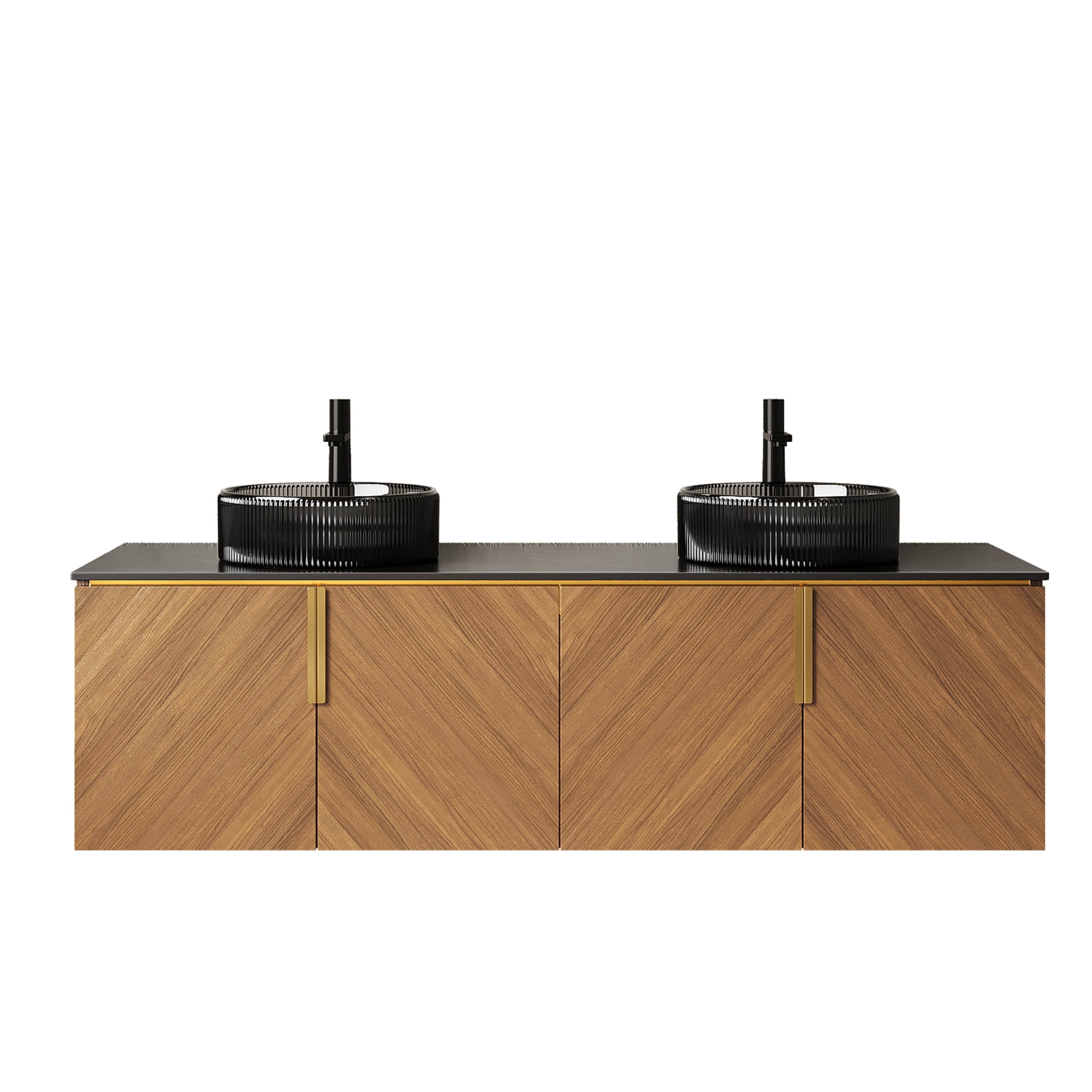 Noble House ARAI 60" Floating Double Bathroom Vanity, Sintered Stone Top Cabinet with Dual Black Glass Sink, Oak