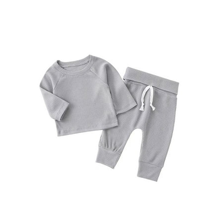 

Calsunbaby 2Pcs Autumn Toddler Baby Boys Girls Outfits Waffle Long Sleeve Tops + Flanging Waistband Long Pants Grey 6-9 Months