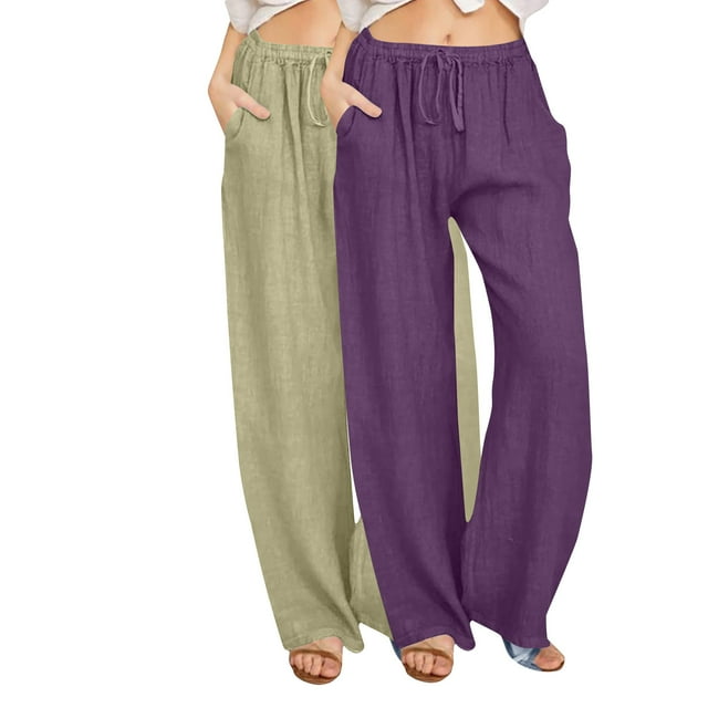 GigrtiJin 2 Pack Womens Lounge Long Pants Solid Color Drawstring Elastic Wasit Wide Leg Pants with Pocket Trendy Lounge Pants
