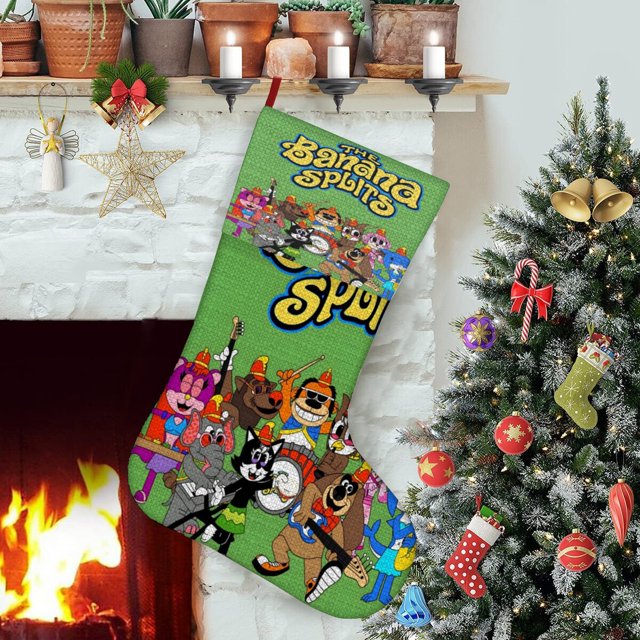 La Hora de Aventura de los Banana Splits Tema: Calcetines de Navidad, fino lino blanco para colgar en escaleras y chimenea, decoración navideña para el hogar, regalo de Navidad. 45cm × 32cm