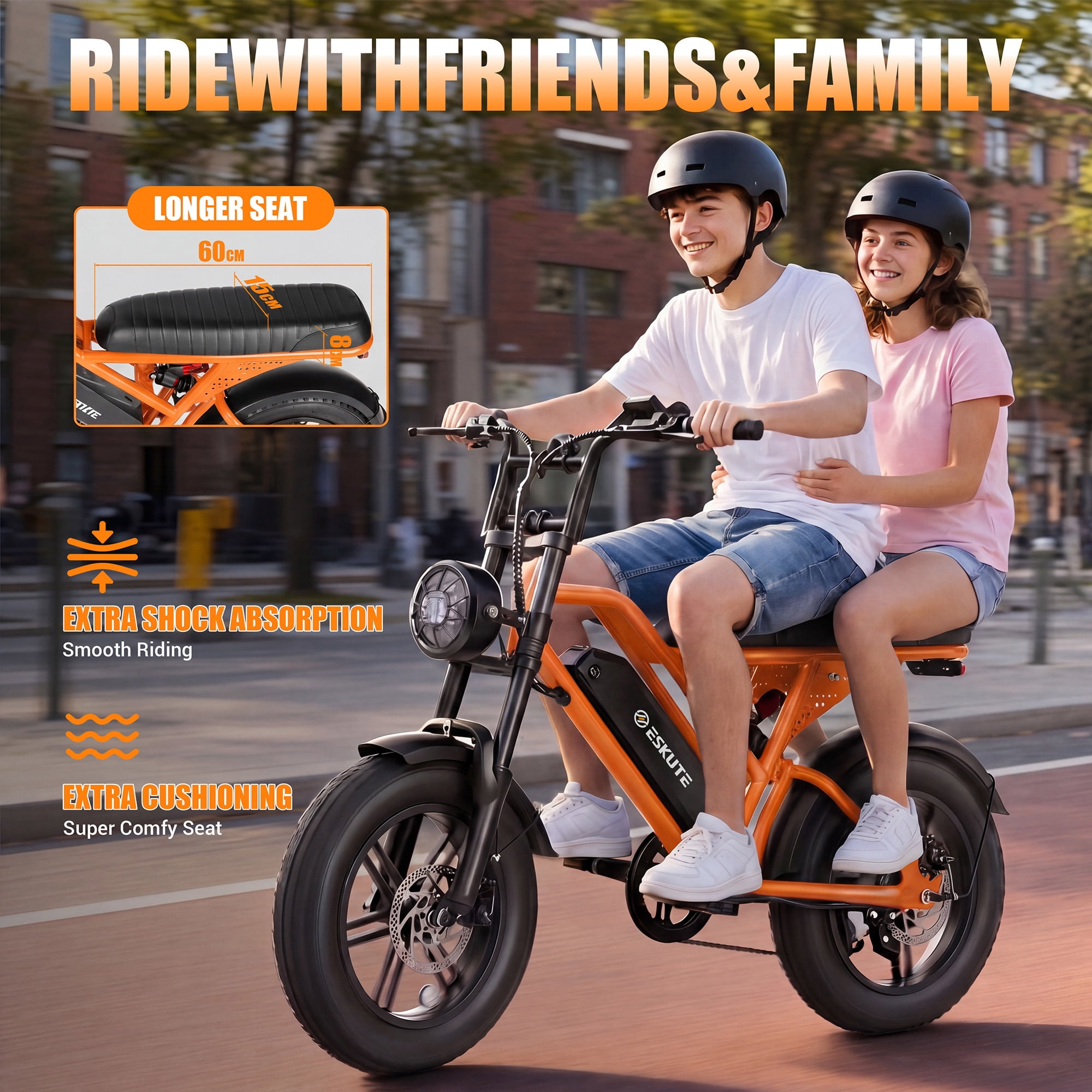 ESKUTE V100 Electric Bike for Teens Adults Students, 750W 28 Mph 48V 13 Ah,16"x4.0" Fat Tire E Bicycle, 7-Speed Dual Suspension Mountain EBike Orange with Phonebag & Lock, UL2849