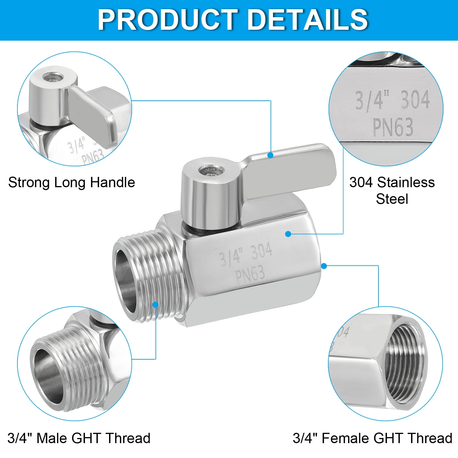3/4" GHT Garden Hose Shutoff Valve, Stainless Steel Water Hose Quick Connect Fittings for Garden Use, Large Areas, Sports Ground, Silver