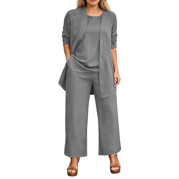 Textilo Women's Dressy 3 Piece Outfits 3/4 Sleeve Cardigan Sleeveless Top Wide Leg Pants Set Suits Business Casual Sets,Gray M