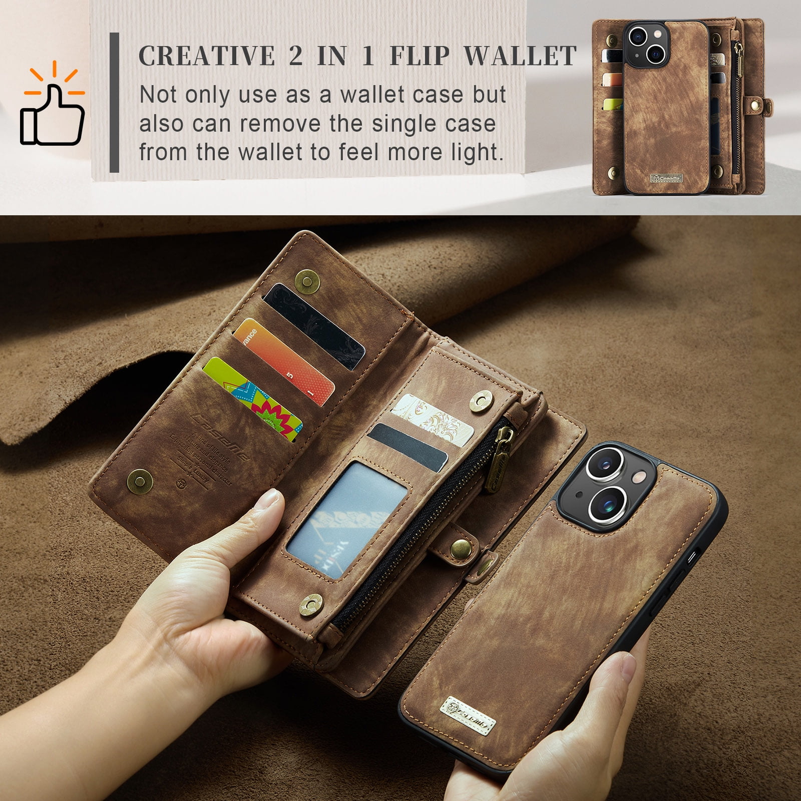 For Apple iPhone 15 Plus Wallet Case,Multi-Functional Retro Leather Purse Flip Cover Zipper Wallet Case with Removable Card Slots Pocket & Detachable Wrist Strap Magnetic Phone Case, Darkbrown