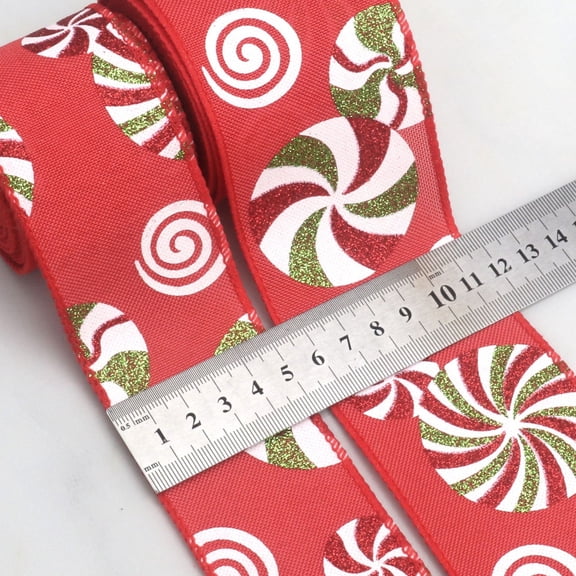 Linnome Peppermint Candy Glitter Christmas Ribbon for Wreaths, Red Wired Edge Whimsical Holiday Decorative Ribbon Roll, Festive Tree Topper Bow Making Material for Garlands and Gift Wrapping