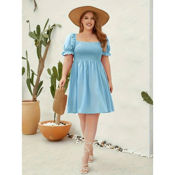 Plus-Size Elegant Light Blue Midi Dress for Women - Square Neckline with Puffy Sleeves, Perfect for Spring & Summer Casual Wear, Machine Washable, Polyester, Plus Size Casual Dress