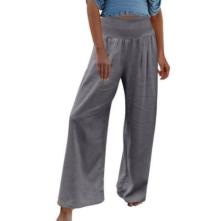 

Women s Casual Pants High Waist Wide Leg Palazzo Lounge For Smocked Elastic Waist Loose Comfy Pajama Pockets Pants