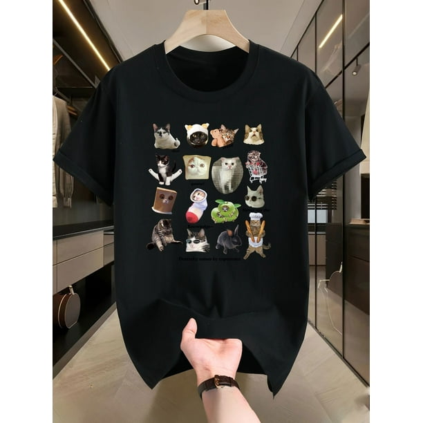 Camiseta de algodón con estampado de gato para hombre: informal, versátil y transpirable, con cuello redondo, perfecta para el verano.