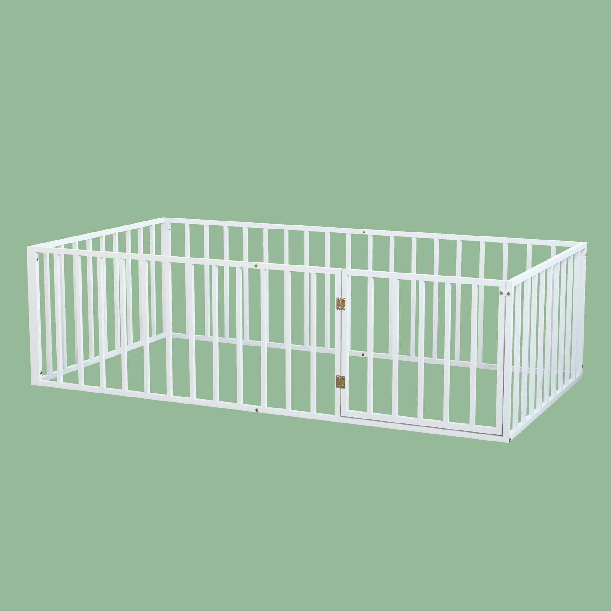 Leumius Twin Size Montessori Floor Bed with Fence & Door, Heavy-Duty Metal Frame with Low-Profile Guardrails, Safe Play-Sleep Zone White