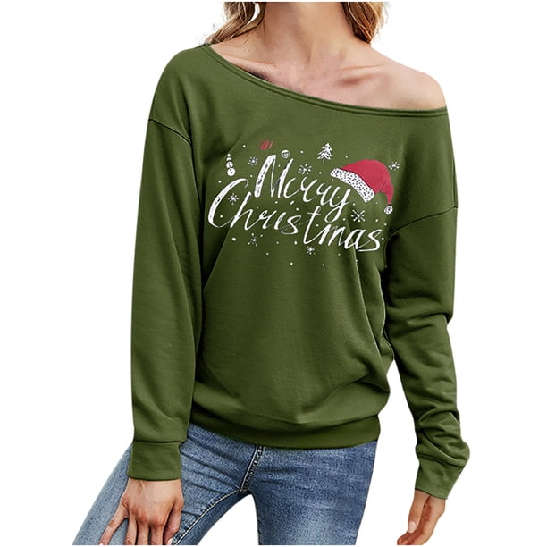Tops cómodos con estampado navideño de manga larga con un hombro para mujer Fridja FKASFK1625