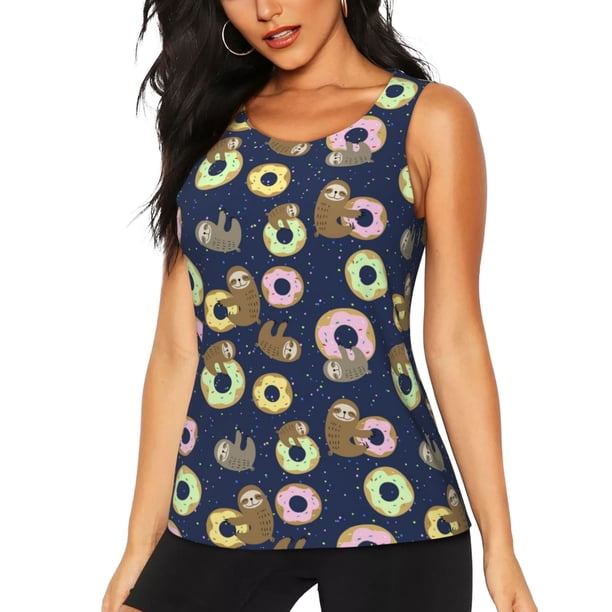 Balery Sloth with Donuts Camiseta sin mangas estampada ligera para mujer, tops de entrenamiento sin mangas, camisetas de yoga transpirables de secado rápido.-Medium