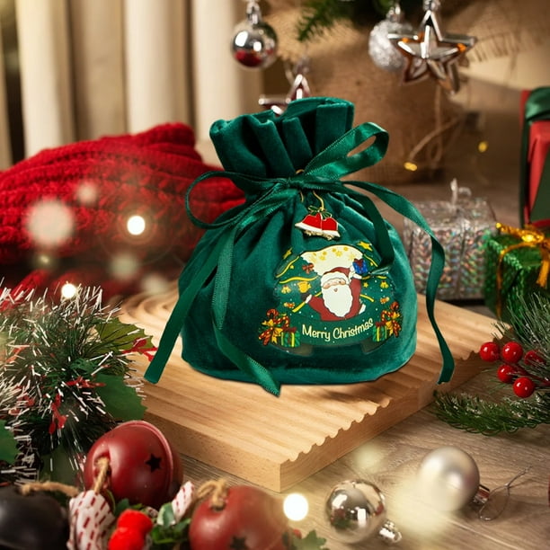 Bolsa de regalo navideña de terciopelo | Bolsa pequeña navideña roja y verde de 9,9 x 13 cm | Bolsa de tela reutilizable para dulces con asa resistente | Embalaje navideño festivo para regalos y