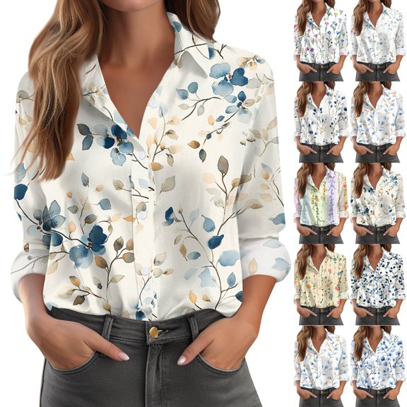 Womens Button Down Shirts Loose Fit Long Sleeve Collared Blouse Casual V Neck Tops Outfits Beige L