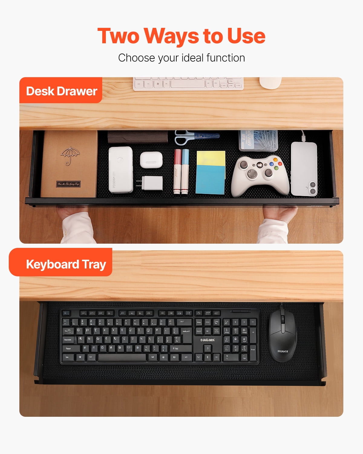 VEVOR 33" Wide Under Desk Drawer Slide Out, Under Desk Mount Pull Out Drawer Attachment, Hidden Desk Storage Organizer, Under Table Pencil Drawer for Office Home Sit Stand Workstation, 33x9x4 In