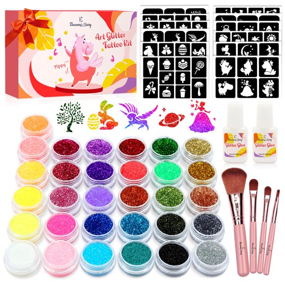 Set de tatuajes temporales con purpurina para el diario de Eleanore con 31 colores