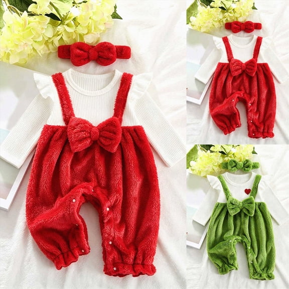 12-18 Months Newborn Unisex Jumpsuit Sleep & Play One-Piece Bodysuit Girls' Cute Casual Romper Pants And Dress With Ruffled Shaped Base Shirt And Bow Headband Set Red Bodysuit Baby Gift