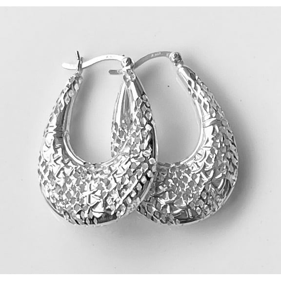 Sterling Silver Free Form Puffed Filigree Hoop Earrings 1 1/4" Long Item #8022