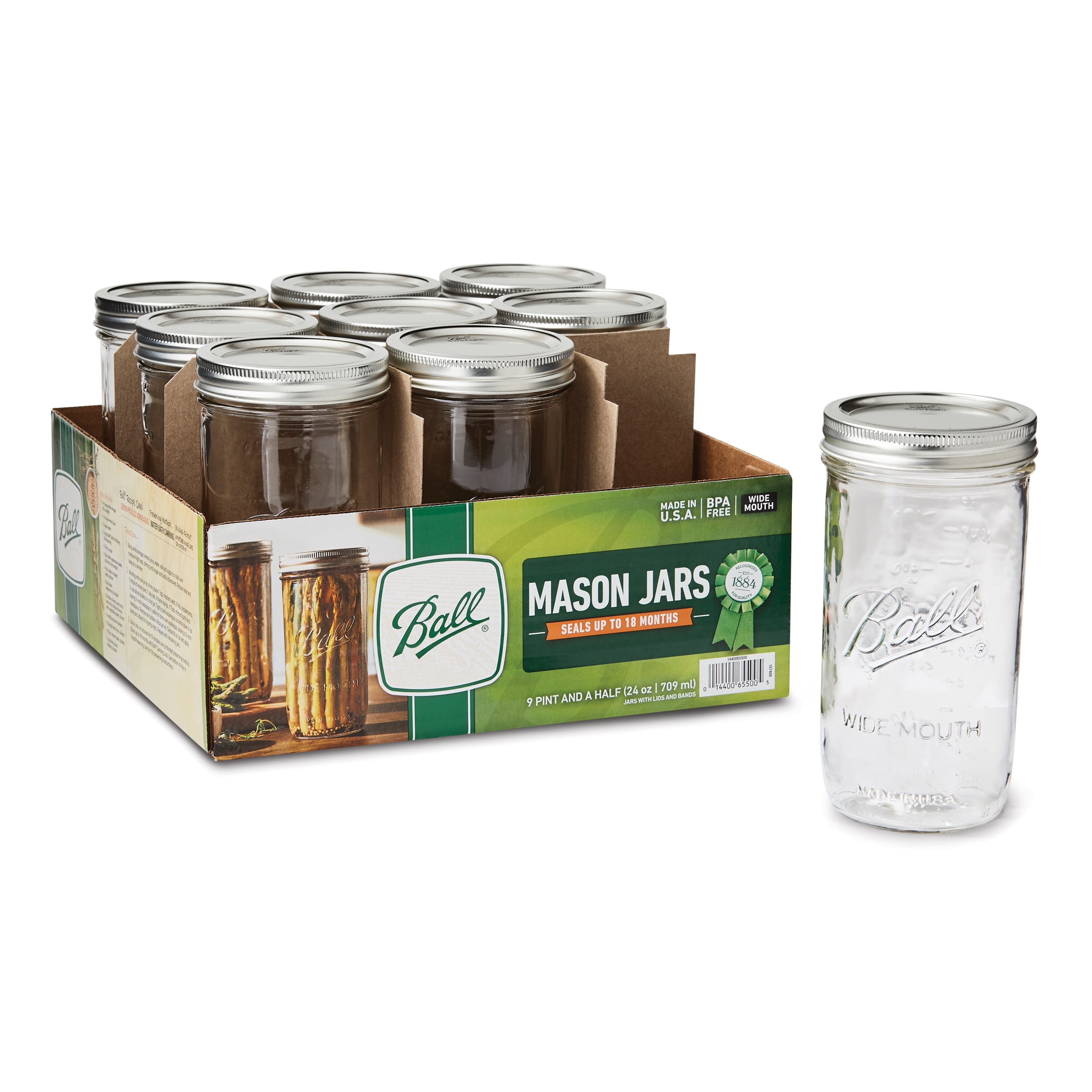 9 Count Wide Mouth BPA-free Ball Glass Mason Jar With Lid & Band 24 Ounces 