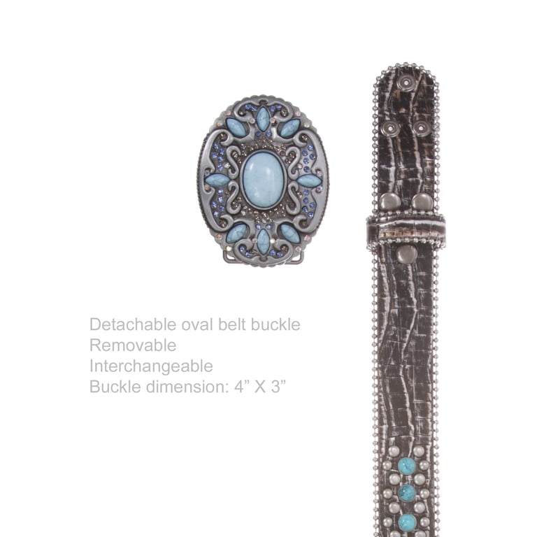 Turquoise Croc-Embossed Studded Western Belt with Buckle Western Turquoise Rhinestone Studded Faux Crocodile Print  main image 3