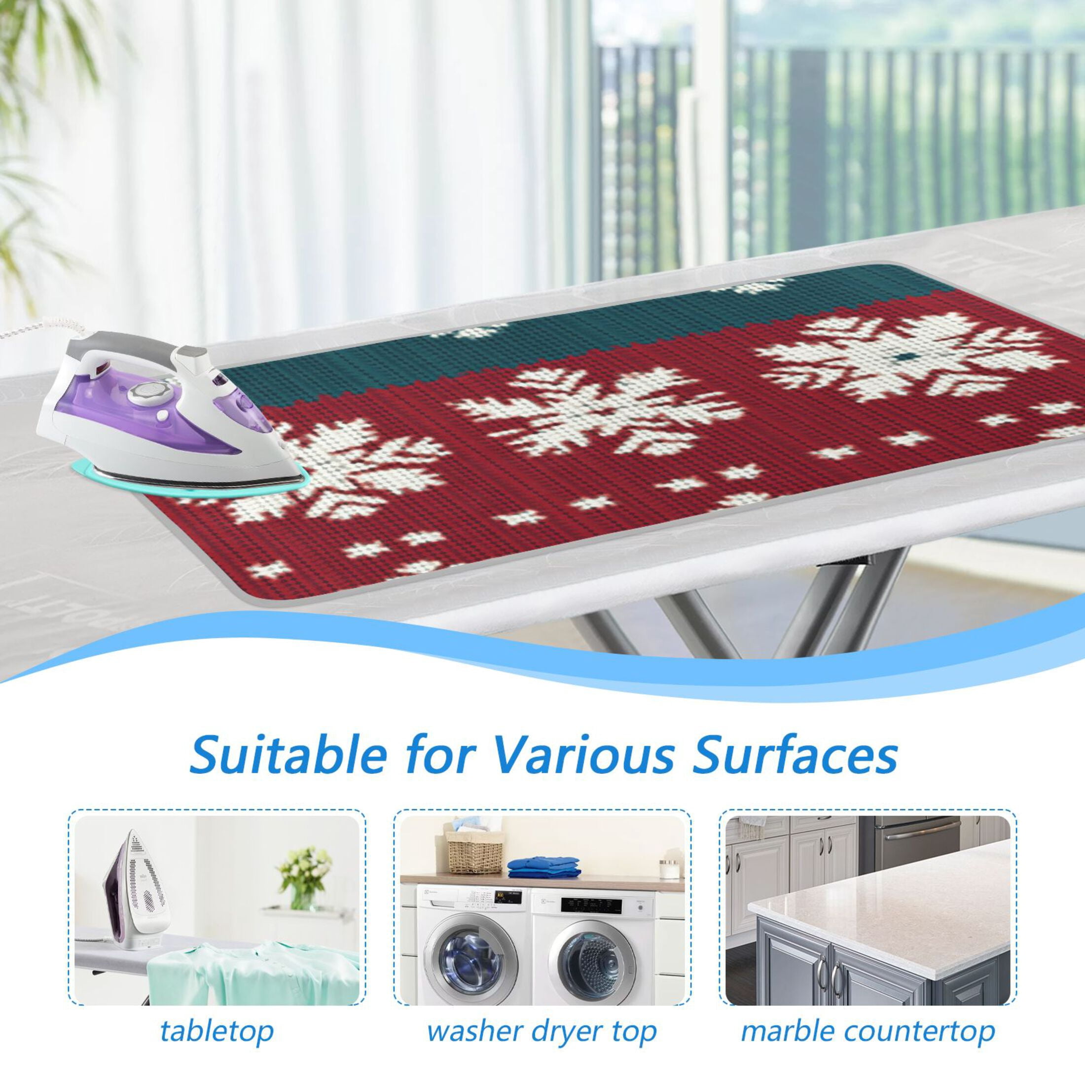 Knitted Snowflakes on Red Green White Stripes Ironing Mat Blanket Portable Travel Ironing Pad Heat Resistant Pad 47.2" x 27.6”