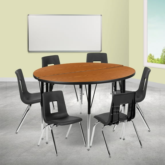 Emma   Oliver 47.5" Circle Wave Activity Table Set with 16" Student Stack Chairs, Oak/Black