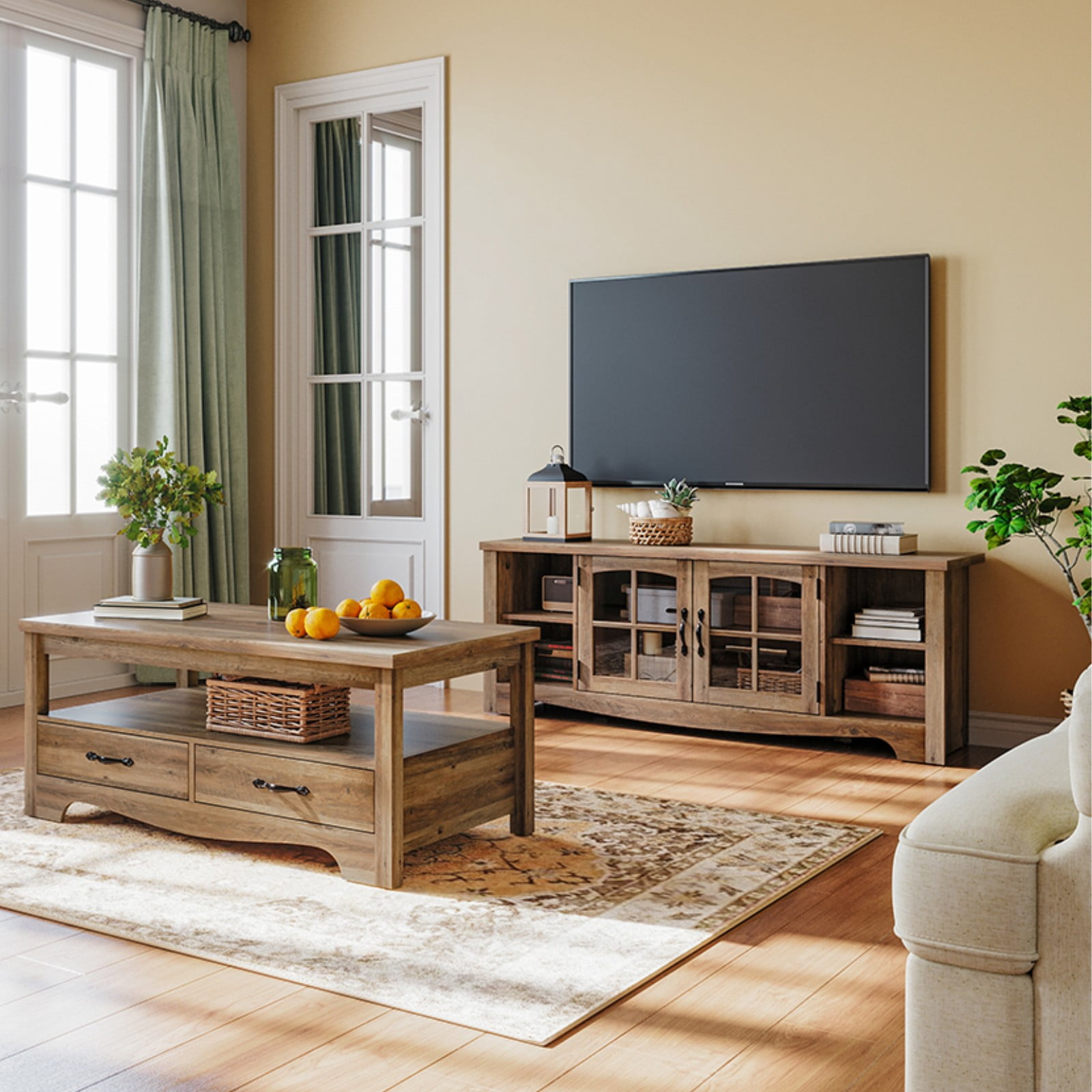 LINSY HOME Modern Farmhouse TV Stand for TVs up to 65",Home Entertainment Center with Storage Cabinet and Adjustable Shelves,Brown