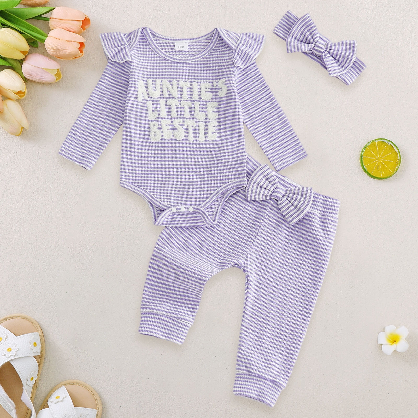 Faraee Newborn Baby Girl Clothes Rib Knit Romper Long Pants Headband Baby Clothes Letter Embroidery Summer Infant 3Pcs Outfit Purple 6-12 Months