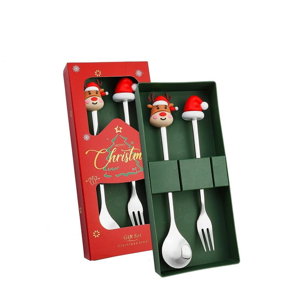 Juego de Cucharas Navideñas, Diseño de Muñeco Colgante, Tenedor y Cuchara de Acero Inoxidable, Árbol Decorativo y Corona de Navidad, Vajilla Festiva, Ideal para Fiestas y Reuniones Familiares, Incluy