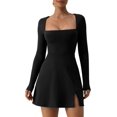 thumbnail image 1 of Womens Square Neck Bodice Dress Long Sleeve Side Slit Flare Mini Dresses, 1 of 6