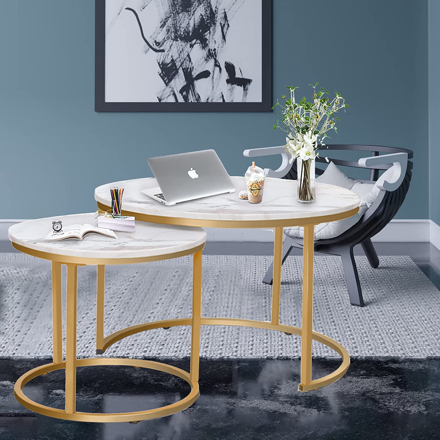 Callalily Round Coffee Table Set of 2 Modern Nesting Golden Frame Circular and Marble Pattern Wooden Stacking Accent Coffee Tables Metal Frame for Apartment Living, White